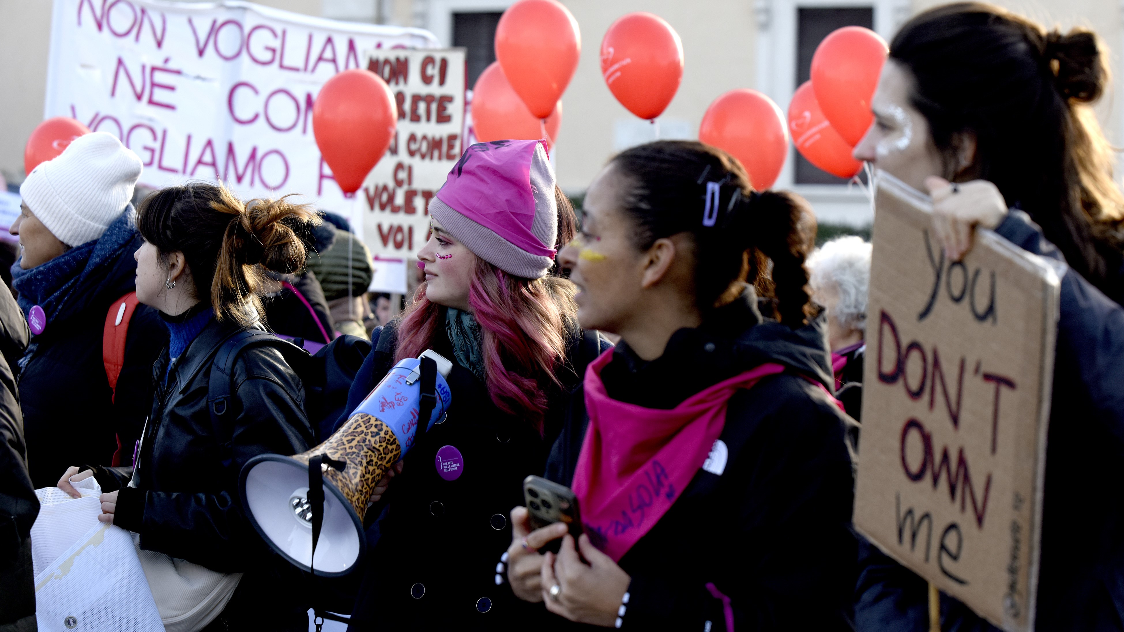 Marchers from anti-violence centers in various Italian cities protest during a trans-feminist march organized by the "Non Una di Meno" (Not One Less) Movement. (Photo by Simona Granati - Corbis/Corbis via Getty Images)