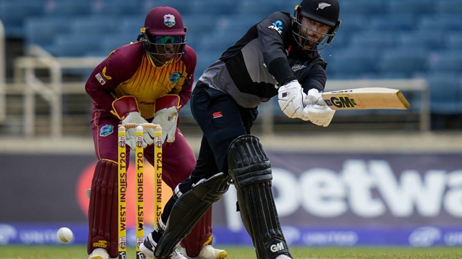 New Zealand's Devon ConwayÂ plays a shot against West Indies. Photo /AP