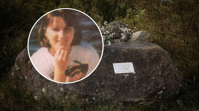 The Monica Cantwell memorial rock at Mauao summit, with Cantwell pictured in the inset. Photo / Andrew Warner/file