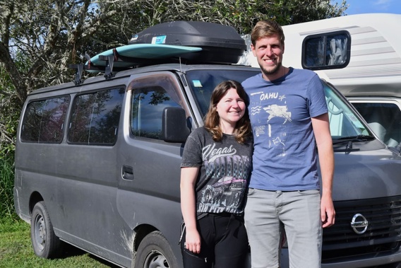 Backpackers Dora Misek, from Croatia, and Dick Voorend, from the Netherlands, say there are pluses and minuses to freedom camping sites. Photo / Laura Smith