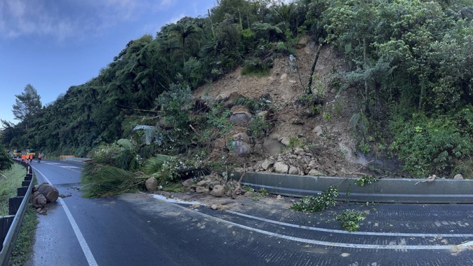 A slip over State Highway 1 at Dome Valley has forced the road to be closed in both directions for the second day in a row. Photo / Waka Kotahi NZ Transport Agency