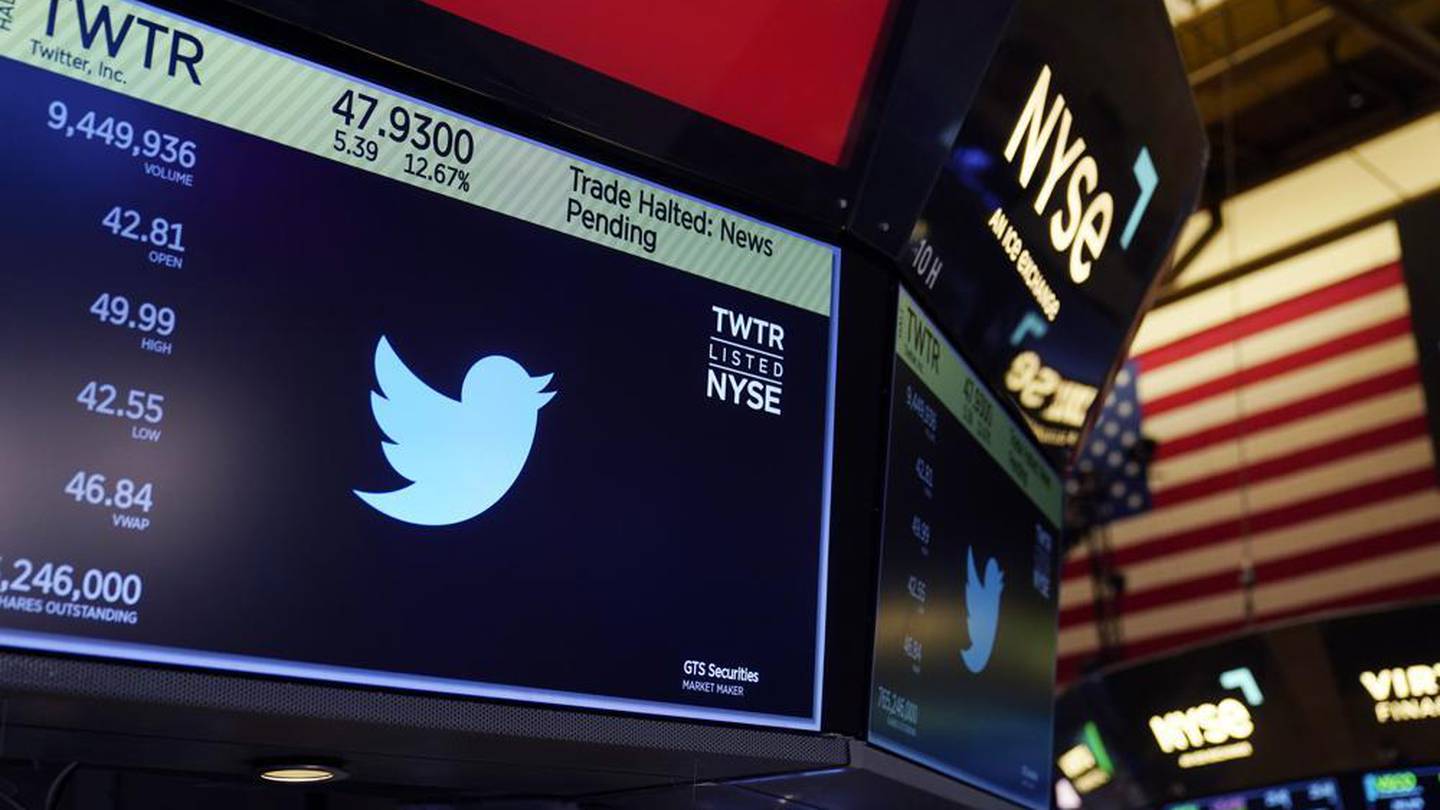 The symbol for Twitter appears above a trading post on the floor of the New York Stock Exchange. Photo / AP