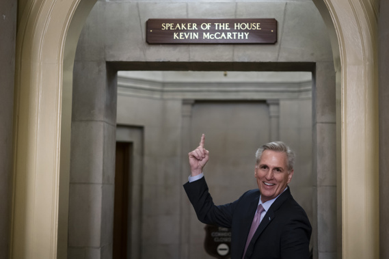 House Speaker Kevin McCarthy of Calif., gestures towards the newly installed nameplate at his office after he was sworn in as speaker of the 118th Congress in Washington, early Saturday, Jan. 7, 2023. Photo / AP