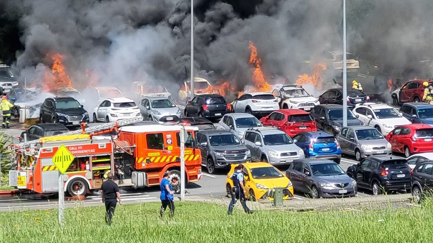 Vehicles in a carpark near Whangārei Hospital are on fire.