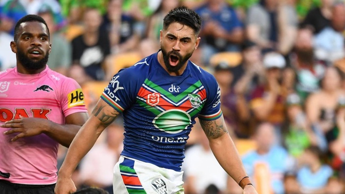 Shaun Johnson of the Warriors reacts during the NRL Round 10 match between the New Zealand Warriors and the Penrith Panthers at Suncorp Stadium in Brisbane, Saturday, May 6, 2023. (AAP Image / Jono Searle / www.photosport.nz)