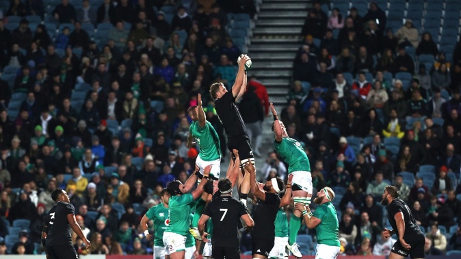 All Blacks XV's Josh Dickson wins a lineout against Ireland. Photo / Photosport