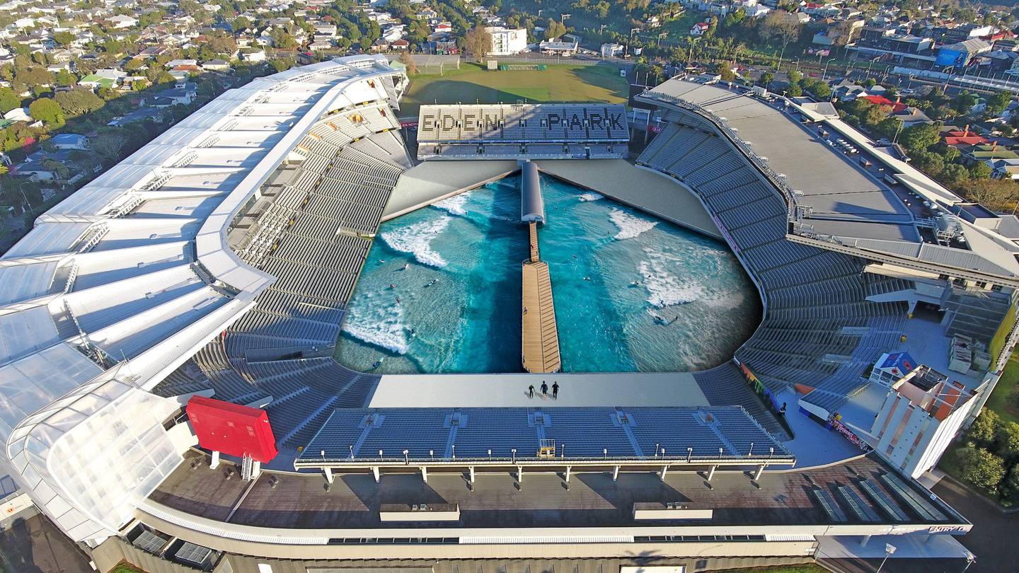 A million litres will flood Eden Park for a surf break, but four natural soak holes in the field will act as a plug so the water can later be returned to the aquifer, expert says. (Photo / Supplied)