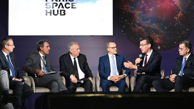 France's Prime Minister Francois Bayrou (3rd-L) takes part in a round table at the Paris Space Hub during the 55th edition of the International Paris Air Show at the Paris–Le Bourget Airport, in Le Bourget, suburb of Paris on June 16, 2025. Photo / AFP