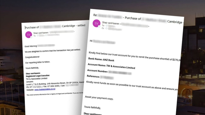 Email from legal executive Shaz vanHaaren (left) of TW & Associates in Hamilton confirming the purchase of a property in Cambridge, and a fake email (right) asking the firm's clients to pay $270,000 to a fake trust account. Composite photo / NZME