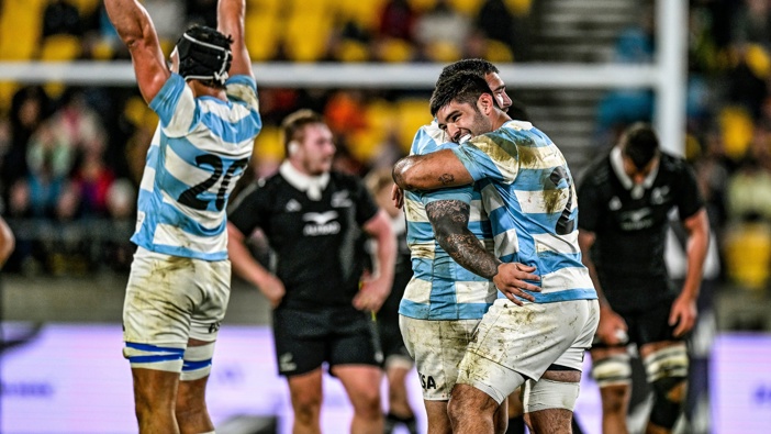 Joaquín Oviedo of Argentina and players celebrate their win over New Zealand at Sky Stadium last season. Photo / Photosport