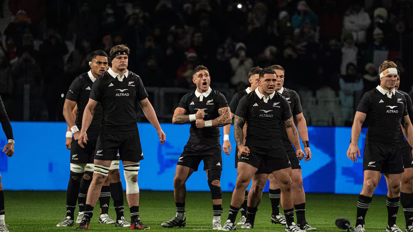 TJ Perenara performing the haka against Italy. Photo / Getty Images
