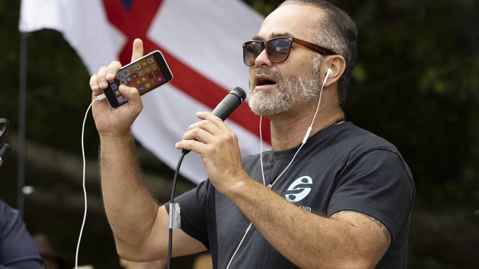 Billy Te Kahika addresses supporters at a protest rally in January 2021. Te Kahika is now trial for breaking electoral laws. Photo / Brett Phibbs