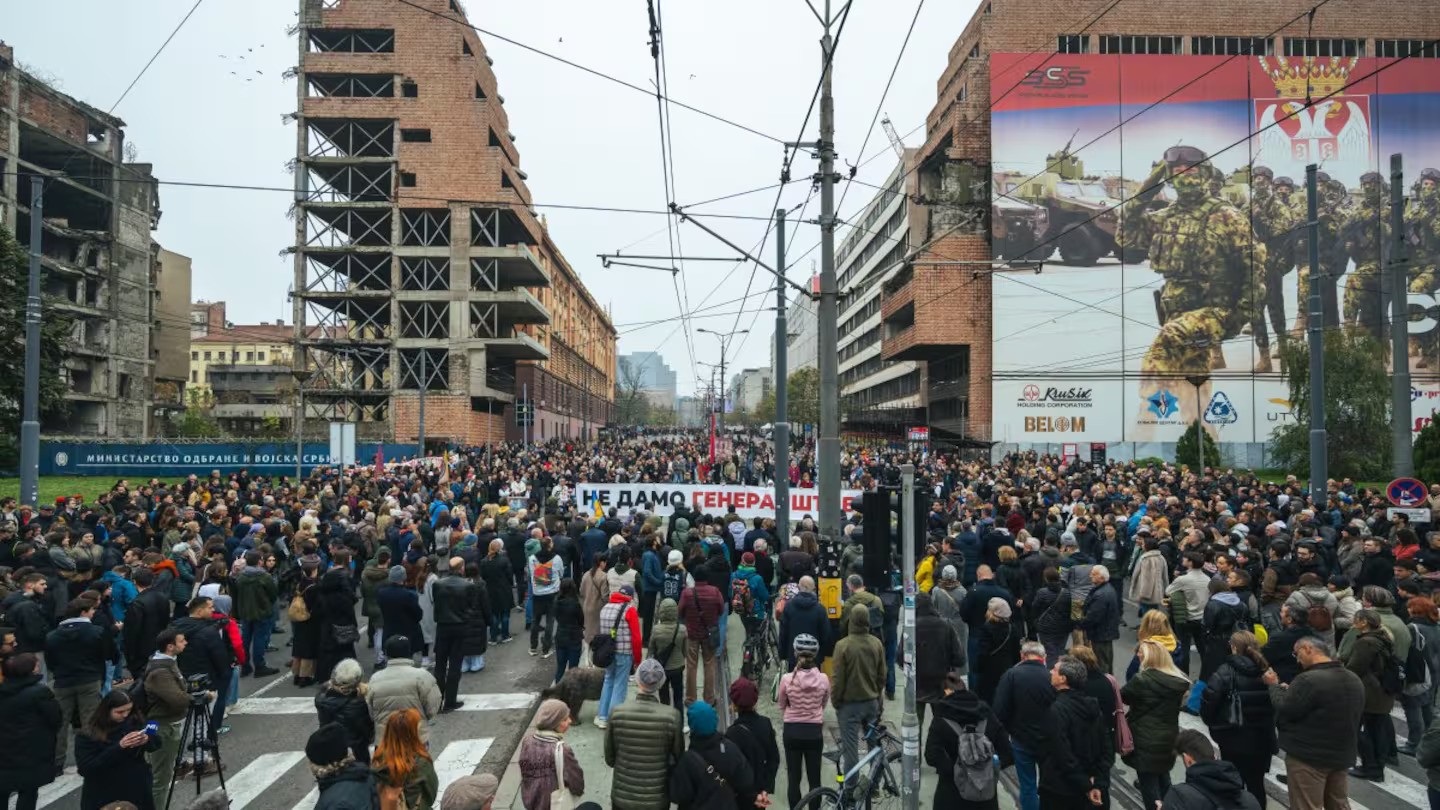 Hundreds protested in Belgrade against plans to demolish a former Army headquarters for a hotel project involving Jared Kushner. Photo / Andrej Isakovic, AFP