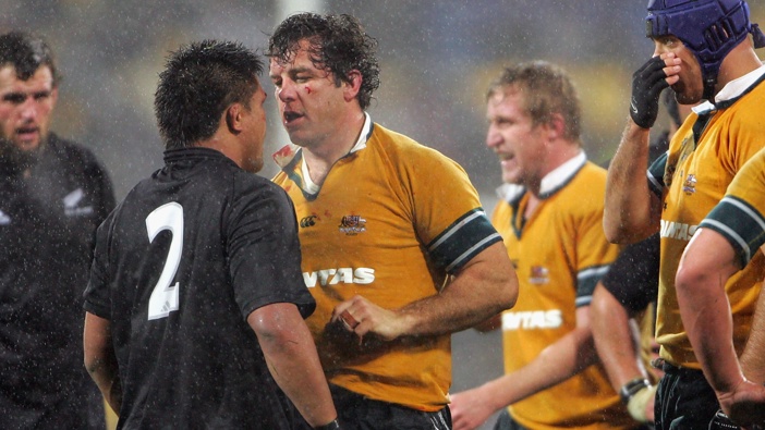 Brendan Cannon of the Wallabies squares off against Keven Mealamu of the All Blacks after a fight broke out during the Tri Nations Rugby Union test match between the Australian Wallabies and the New Zealand All Blacks played at Westpac Stadium, July 17, 2004 in Wellington, New Zealand. (Photo by Chris McGrath/Getty Images)