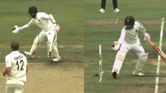Bangladesh's Mushfiqur Rahim palms away a delivery by Black Cap bowler Kyle Jamieson. Photo / X