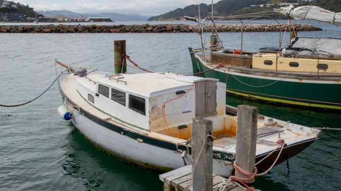 The 10m classic yacht Shamrock, which has to be regularly pumped out to prevent it from sinking, berthed at Evans Bay Marina in Wellington. Photo / Mark Mitchell
