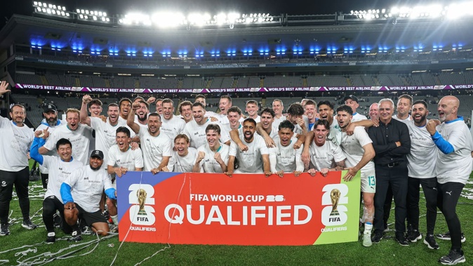 New Zealand celebrate their qualification for the Fifa World Cup 2026 after winning the OFC Qualifiers final against New Caledonia at Auckland's Eden Park on Monday. Photo/ Photosport