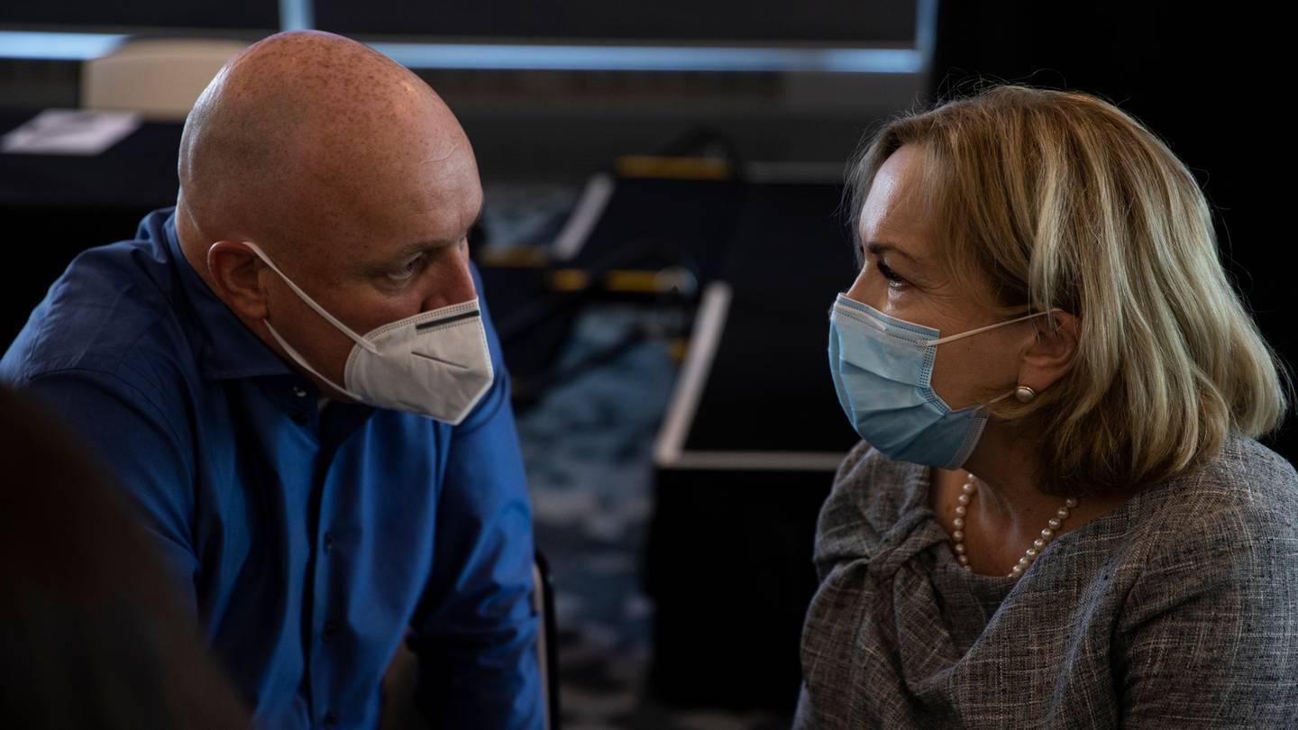 Christopher Luxon and Judith Collins talking at National's caucus retreat. Photo / George Heard.