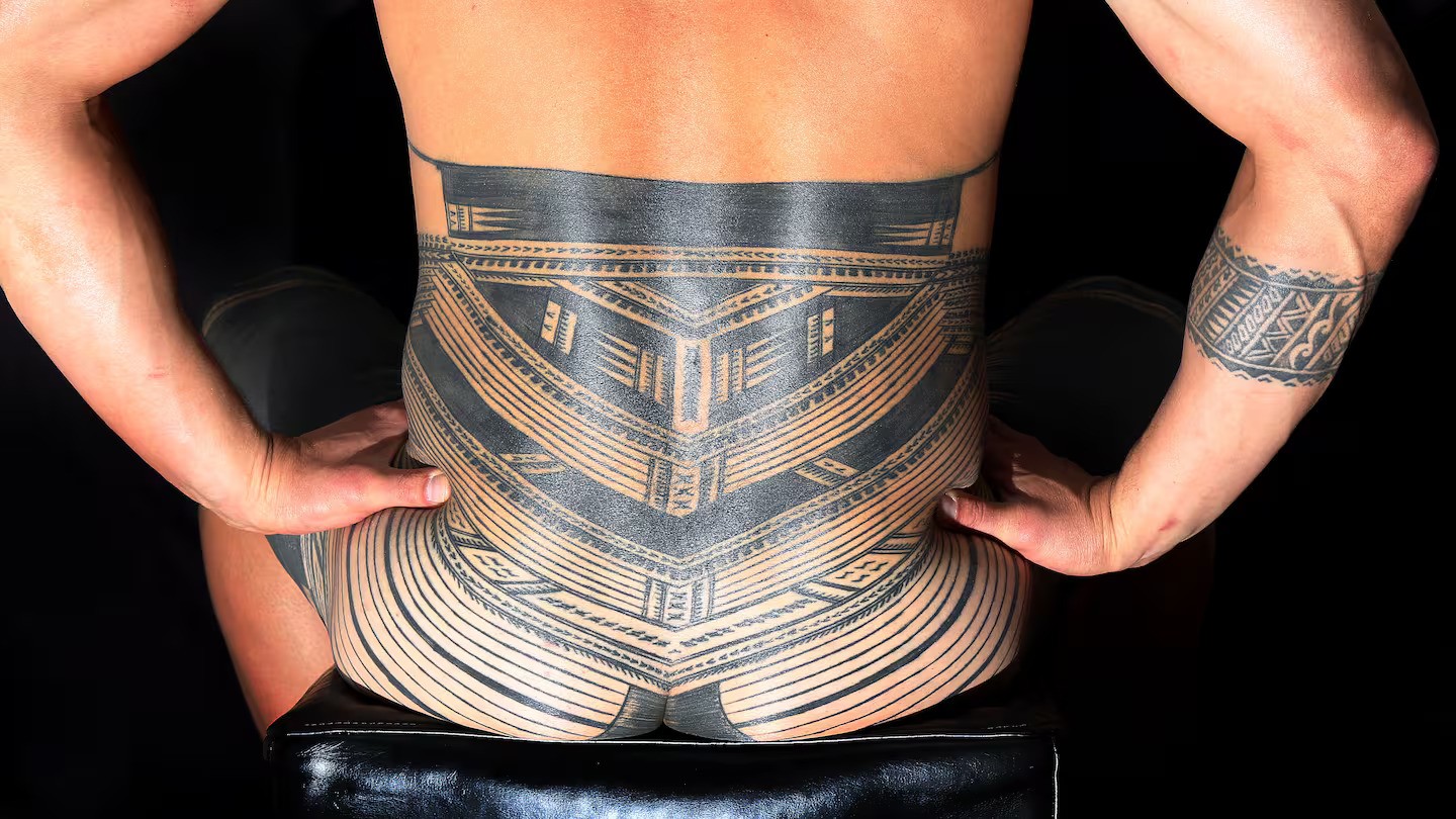 The traditional Samoan tattoo for men, the pe'a, can cover two-thirds of the body and is imbued with physical and spiritual significance. Pictured is Whanganui man CJ Stowers. File Photo / Stuart Munro