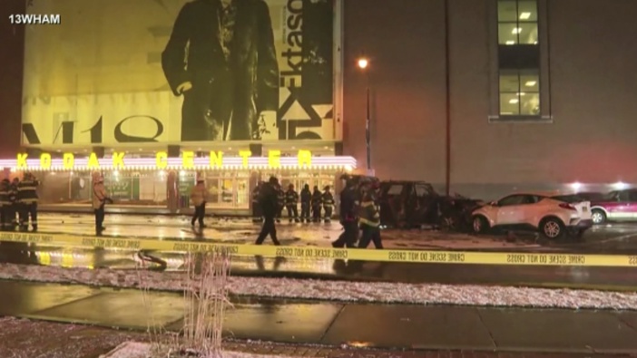 Rochester police investigate a fatal fiery crash outside the Kodak Center in Rochester, N.Y. early Monday, Jan. 1, 2024. Photo / WHAM-TV via AP