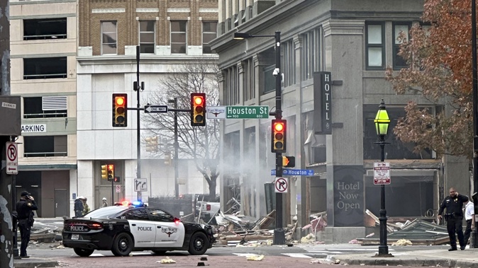 First responders work the scene after an explosion at the Sandman Signature hotel on Monday, Jan. 8, 2024, in Fort Worth, Texas. Photo / AP