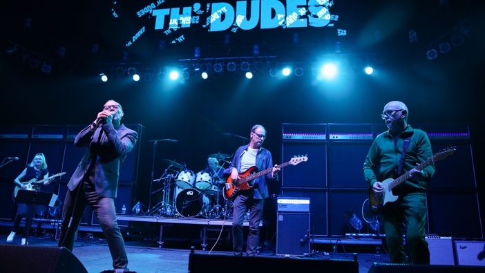 Victoria Girling-Butcher, Peter Urlich, Lez White and Dave Dobbyn of Th’ Dudes perform as part of the Biggest Pub Gig in the World at Spark Arena on December 11, 2020 in Auckland, New Zealand. (Photo by Dave Simpson/WireImage)