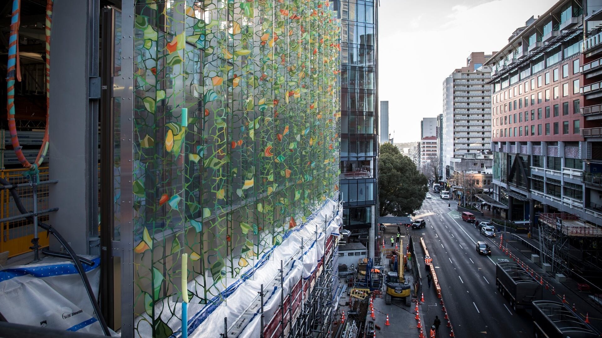 Glass panels by artist Sara Hughes on the NZICC. Photo / supplied