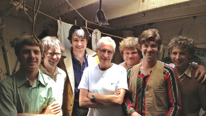 David Gapes (c) on set with the cast of 3 Mile Limit, a programme about the pirate days. Photo / Supplied