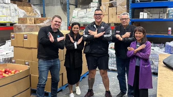 Meat the Need co-founder and The Big Feed co-host Wayne Langford (left), Meat the Need Board member Shaheen Junge, BBM and Big Feed host Dave Letele, BBM's Rob Campbell and Fonterra's Amavi Mey. Photo / Meat the Need