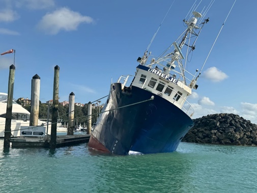 Images of the grounded vessel show it on a spectacular angle on Sunday afternoon. Photo / Grant Lamont