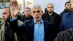 Yahya Sinwar, head of the Palestinian Islamic movement Hamas in the Gaza Strip, waves his hand to the crowd during the celebration of International Quds Day in Gaza City. Photo / Getty