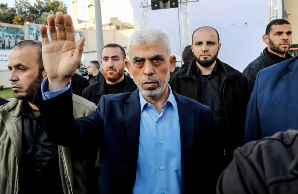 Yahya Sinwar, head of the Palestinian Islamic movement Hamas in the Gaza Strip, waves his hand to the crowd during the celebration of International Quds Day in Gaza City. Photo / Getty
