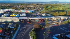 The Bayfair roundabout and under-construction flyover, pictured in February 2023. Photo / Waka Kotahi NZTA