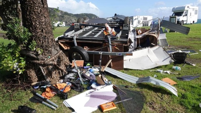 A campervan was destroyed in a reported tornado at Tauranga Bay Holiday Park in Northland. Photo: RNZ / Peter de Graaf