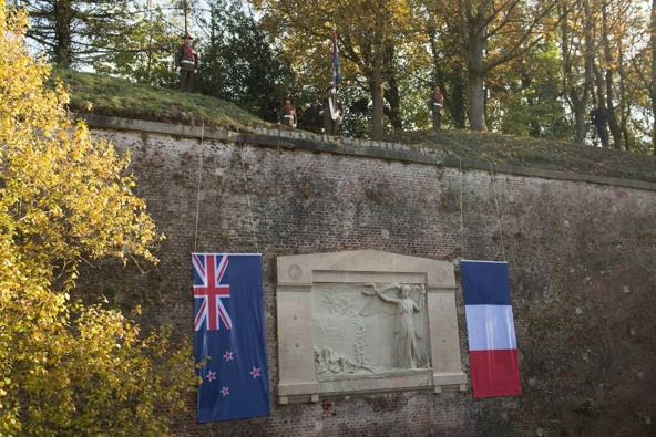 The Regimental Colour Party of the 7th Wellington (City of Wellington's Own) and Hawke's Bay Battalion was mounted on the ramparts above the New Zealand Memorial. Photo / NZDF