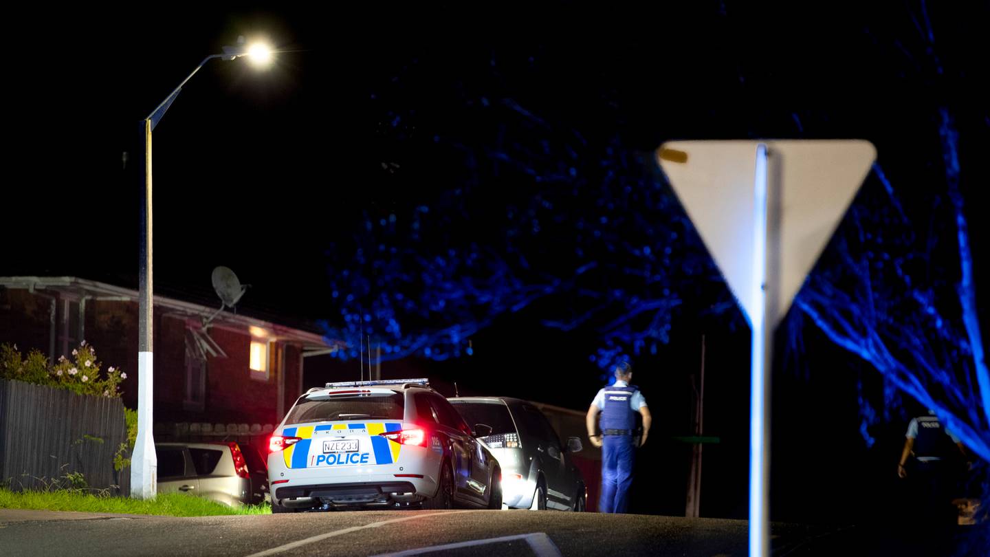Police officers seen on a street in Henderson, West Auckland, late last night. (Photo / Hayden Woodward)