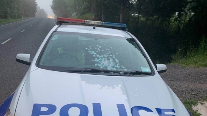 The police car that was shot at during the incident in Waipapa, near Kerikeri, in October 2020.