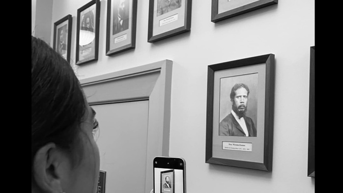 Hana-Rawhiti Maipi-Clarke snaps a photo of her great-great-great-great grandfather, Wiremu Katene, New Zealand's first Māori minister in Parliament.