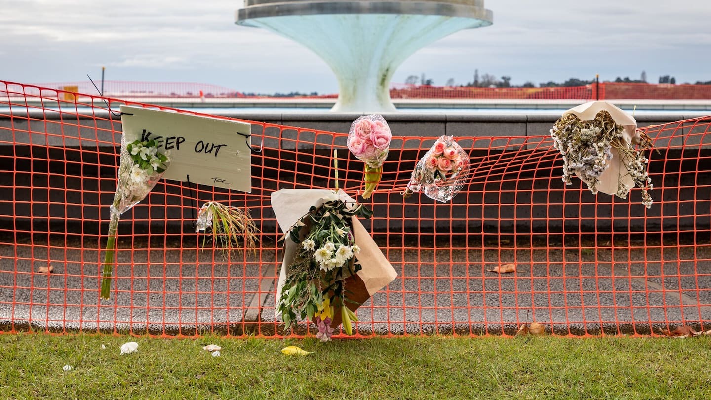 Flowers left at the fountain at Memorial Park after the tragic drowning of 4-year-old Tauranga girl Nia Lohchab. Photo / Alex Cairns