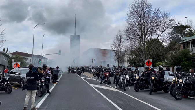 There were burnouts aplenty outside St Joseph's Catholic Church following Taranaki Fuimaono's funeral today. Photo / Alex Burton