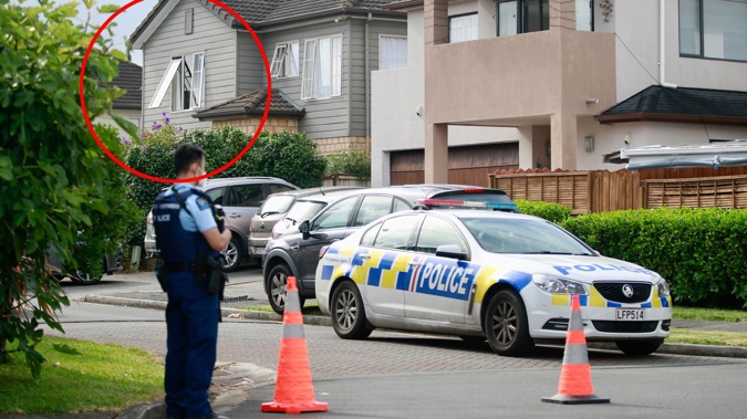 People reportedly escaped the house through a second floor window after a possible shooting in Flat Bush, South Auckland this morning. Photo / Alex Burton