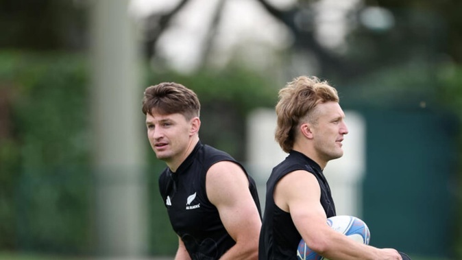 All Blacks Beauden Barrett, left, and Damian McKenzie in training with the All Blacks. Photo / SmartFrame