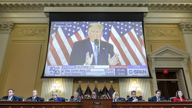 A video of then-President Donald Trump speaking is displayed as the House select committee investigating the Jan 6 attack on the US Capitol. Photo / AP