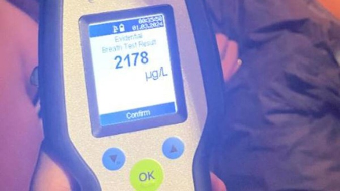 An officer who responded to the call says the woman completed a breath test and recorded 2178 micrograms of alcohol per litre of breath. Photo / NZ Police