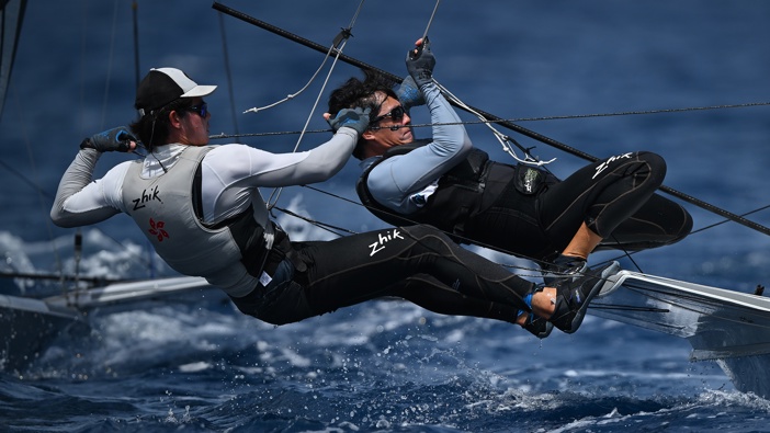 Leo Takahashi and Tim Morishima of Japan in action during a Mens 49er Skiff Class race on day three of the Paris 2024 Sailing Test Event at Marseille Marina on July 11, 2023 in Marseille, France. (Photo by Clive Mason/Getty Images)