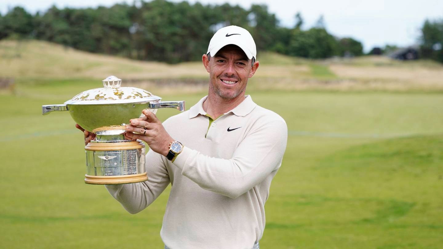 Rory McIlroy lifts the trophy following day four of the Genesis Scottish Open 2023 golf tournament at The Renaissance Club, North Berwick. Photo / AP