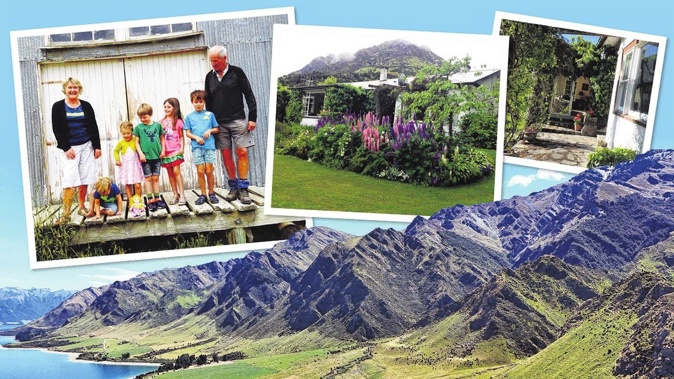 Former Lake Hawea Station owners Adrienne and Tom Rowley (top left) and their grandchildren Jimmy, Scout, Rossco, Eliza and Joe; the station homestead and garden during the Rowley family’s tenure; a recent view of Lake Hawea Station. Photos / Supplied to ODT, Stephen Jaquiery