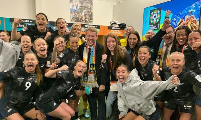 Chris Hipkins with the Football Ferns following their victory over Norway. Photo / Instagram @chrishipkinsmp