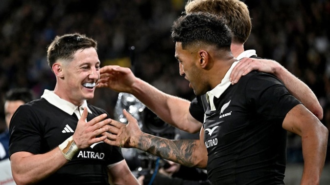 The All Blacks celebrate Rieko Ioane's try against France. Photo / Photosport