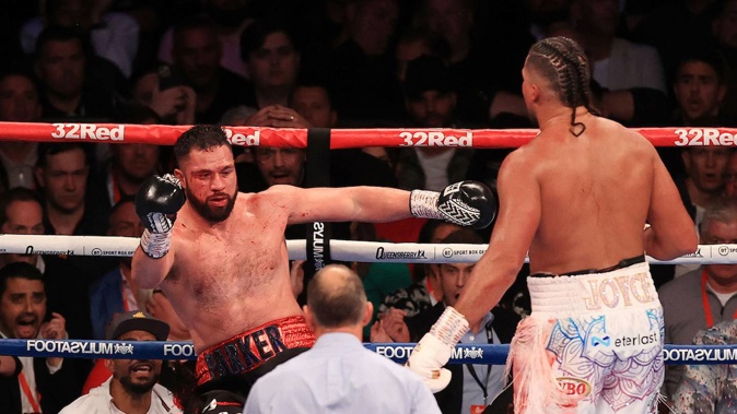 Joseph Parker is knocked out in the 11th round of his bout against Joe Joyce in Manchester. Photo / Photosport